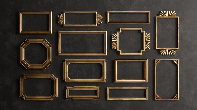 Collection of ornate antique gold picture frames arranged on a dark textured background.