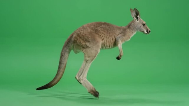 Playful Kangaroo Hopping Across Green Screen Background in Side Profile