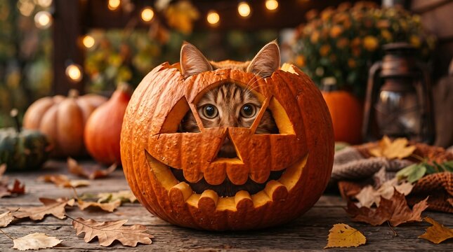 Cat Hiding Inside a Jack-o'-lantern Pumpkin (Felis catus).