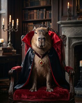 Elegant capybara in vampire (Count Dracula) costume on velvet armchair.