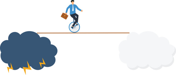 Businessman balancing unicycle riding tightrope walking over stormy clouds toward future success representing business risk management and challenging journey © Mr Fikh 