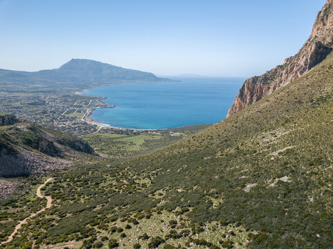 Drone photo from Monte Cofano toward town of Cornino, Sicily, Italy