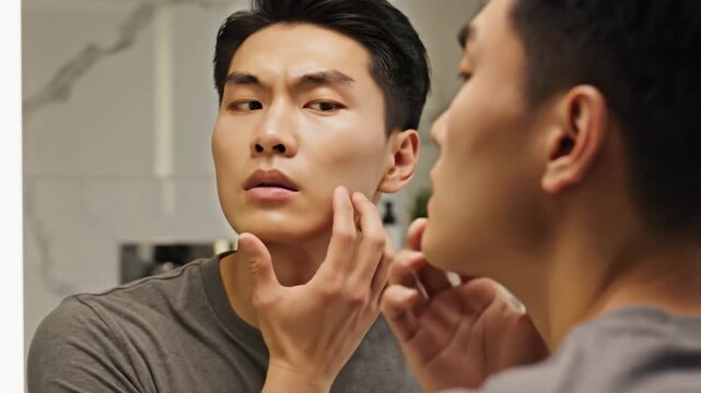 Young man examines jawline in mirror during grooming routine. He touches chin and cheeks with focused care in bright bathroom, checking skin texture and facial contour before finishing personal care.