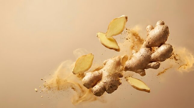 Fresh organic ginger root and sliced pieces floating with aromatic ginger powder explosion on warm background for healthy cooking concept