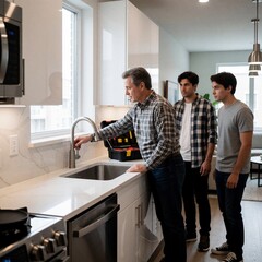 Obraz premium Father Teaching Young Men to Repair Kitchen Faucet at Home