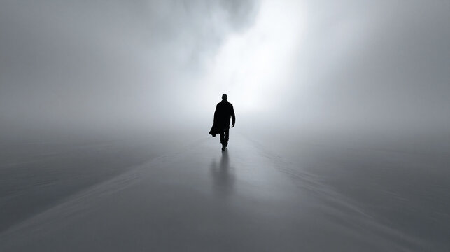 Silhouette of Man Walking into Dense Fog Towards Light