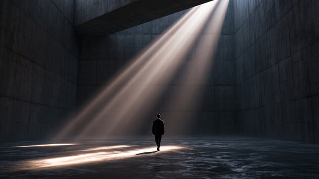Businessman Walking Toward Light Beam in Dark Modern Architecture