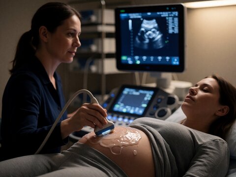 Pregnant woman receiving ultrasound scan by sonographer