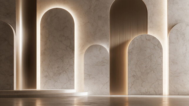 Marble Podium Backdrop with Golden Arches and Backlight