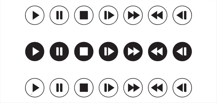Minimalist black music player button icons set representing basic playback control actions on screen vector Illustrator Eps 10.