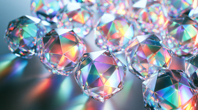 Faceted Iridescent Crystal Polyhedrons with Rainbow Light Refraction