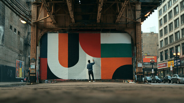 Artist Painting Colorful Abstract Mural Under Urban Bridge