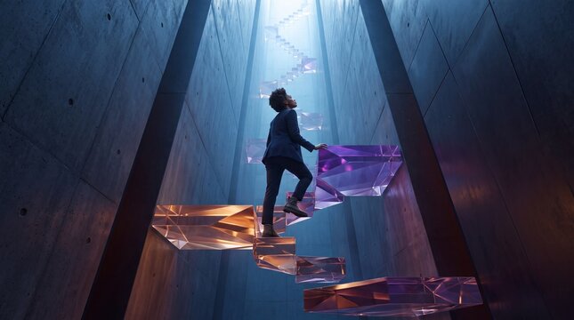 Businessman Climbing Futuristic Crystal Stairs Toward Light
