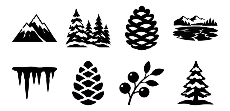 Winter nature vector icon set with pinecones, snowy trees, mountain landscapes, icicles, and berries on transparent background