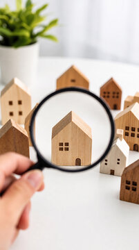 Hand Holding Magnifying Glass Over Small Wooden Toy House Models On White Surface, Real Estate Search Concept