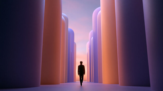 Businessman Walking Along Corridor with Monumental Abstract Columns