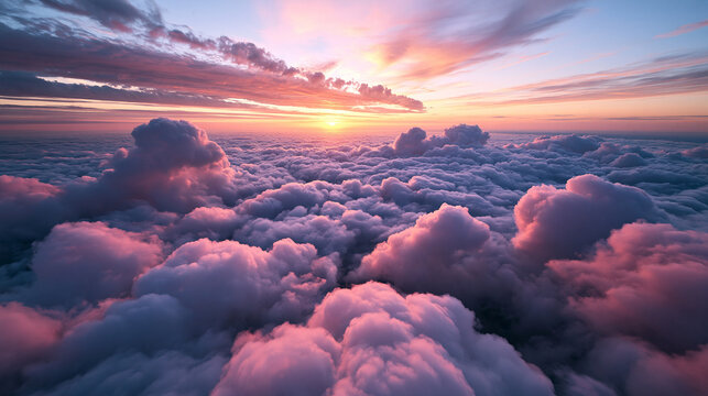 Scenic Aerial View Above Fluffy Clouds at Sunset