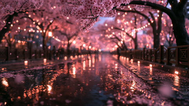 Illuminated Cherry Blossom Alley with Wet Pavement Reflection