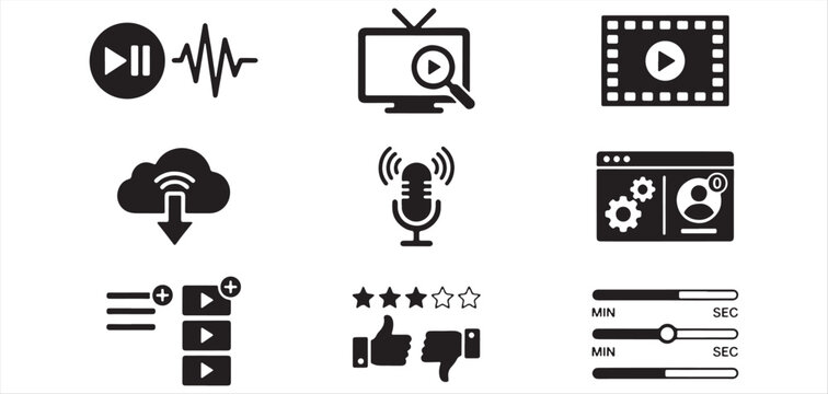 Media and broadcasting control icons set for digital video editing streaming platforms and web applications vector Illustrator Eps 10.eps