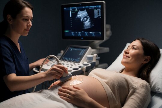 Pregnant woman undergoing ultrasound examination with sonographer