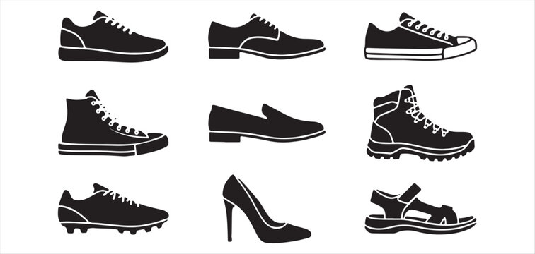 Fashion footwear black silhouettes set representing classic and athletic shoes for varied lifestyle activities vector Illustrator Eps 10.eps