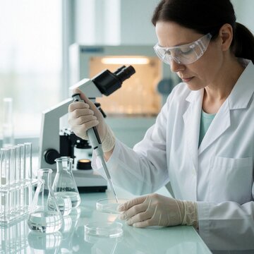 Female scientist using pipette in laboratory