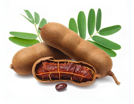 Opened Tamarind Pod with Pulp Seed and Green Leaves Isolated. Peeled tamarind shell showing rich brown pulp, seeds, and fresh green leaves isolated on white background.