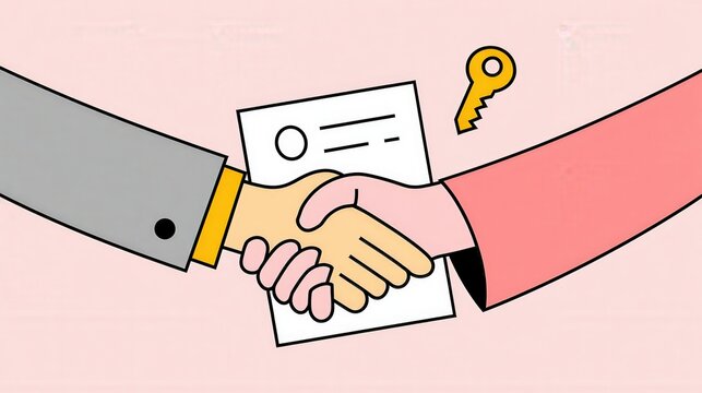 Business people shaking hands over a contract with a key icon in flat vector illustration. Perfect for corporate partnership and successful deal concepts.