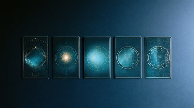 Five mystical tarot cards with celestial golden patterns are laid out on a dark blue background. Perfect for divination and spiritual guidance concepts.