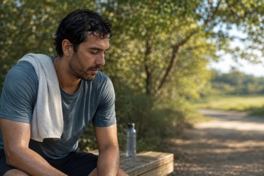 A man takes a well-deserved break after exercising on a warm day, finding a moment of respite in a park filled with lush trees and a winding path in the distance