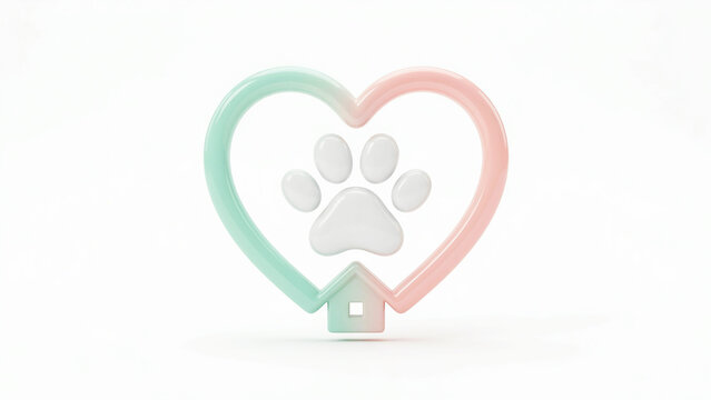Cute graphic illustration featuring heart shaped house with paw print symbolizing love for pets and home
