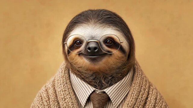 Cute smiling sloth male cartoon character wearing glasses, a shirt, tie, and a cozy cardigan sweater