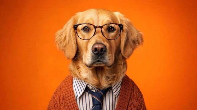 Smart golden retriever male cartoon character posing in clothes and eyeglasses against an orange background