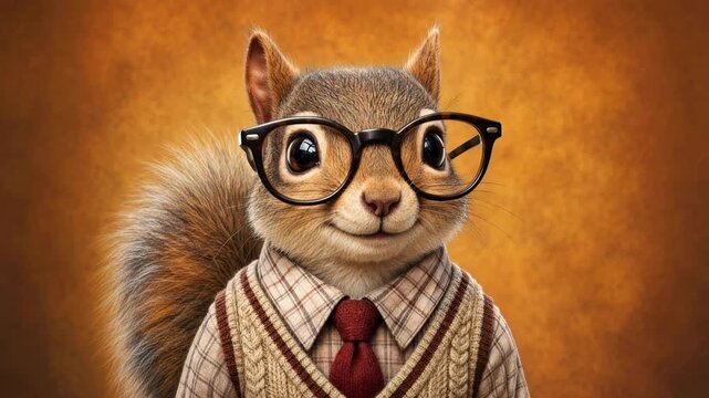 Intelligent squirrel male cartoon character portrait with big glasses blinking and smiling in a friendly way