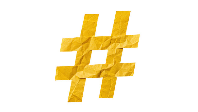 Crinkled yellow paper hashtag symbol, isolated on transparent background