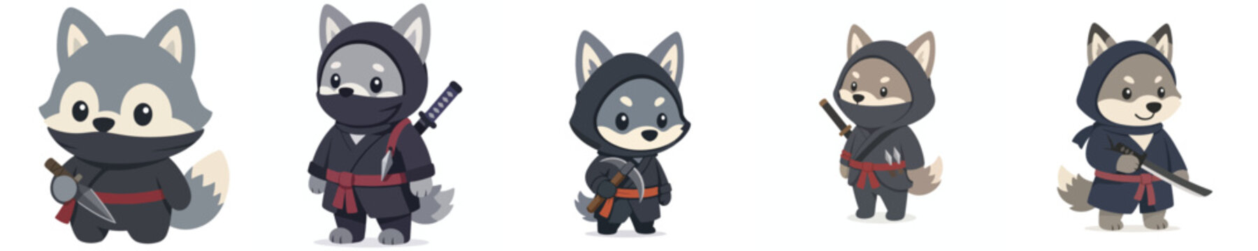 Cute vector collection of a wolf in a ninja costume, ninja costume animal theme