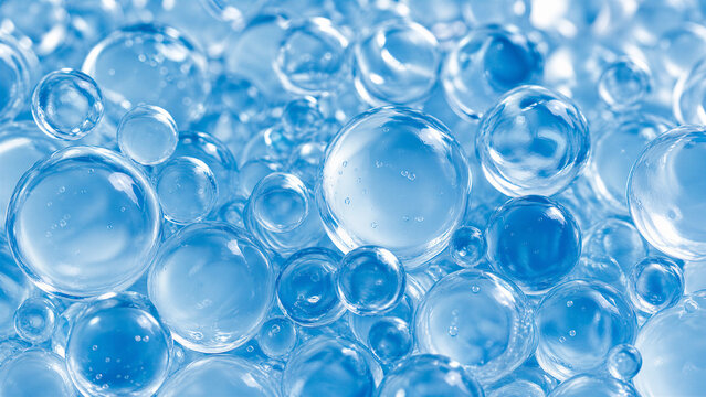Abstract macro background of clear water gel balls and transparent cosmetic bubbles with refreshing blue tint