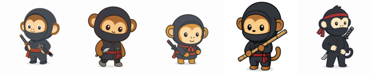Cute vector collection of a monkey in a ninja costume, ninja costume animal theme © Tofa