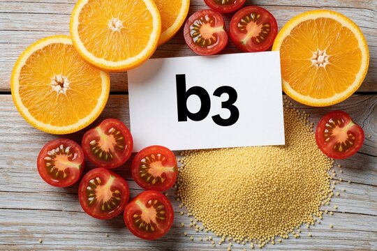 Fresh oranges, cherry tomatoes, and millet grain arranged on a wooden surface with a card labeled b3. Represents healthy diet and vitamin B3 sources.