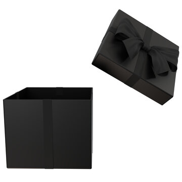 Black Open Gift Box 3D Render Mockup with Ribbon Floating Lid for Luxury Shopping Sale Banner and Present Packaging