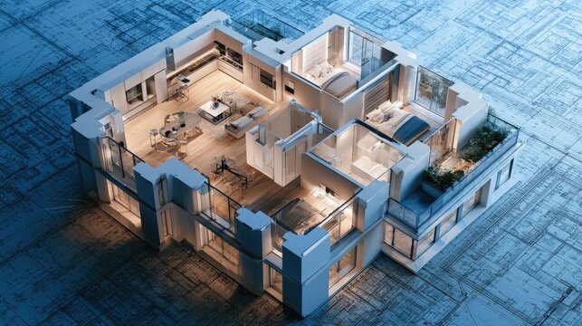 A detailed 3D floor plan of a modern apartment set on a construction blueprint. This visualization helps real estate marketing and interior design project planning.