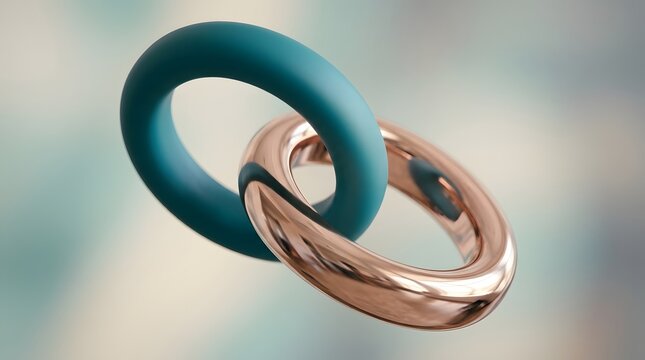 Two interlocking torus rings one teal one copper representing connection and unity.