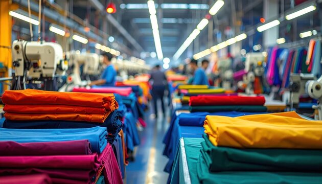 Vibrant textile factory production line operation.