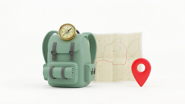 Green backpack with compass on top next to map and red location pin on transparent background