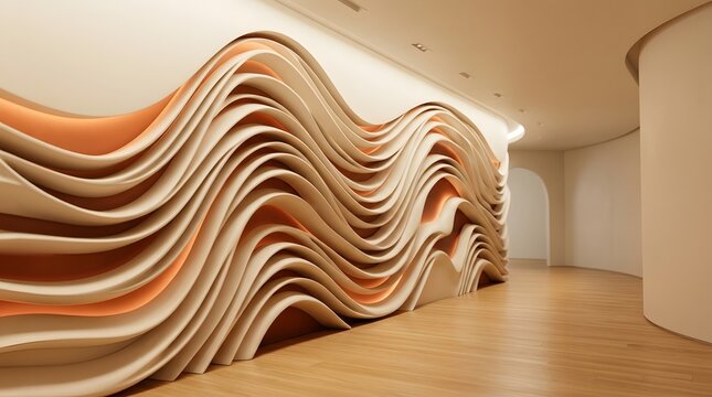 Modern minimalist interior hallway featuring a parametric wave feature wall with warm integrated lighting.