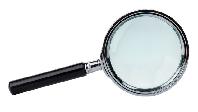 Shiny chrome magnifying glass with black handle, isolated on transparent background