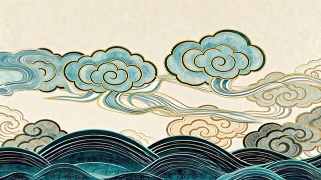 stylized clouds and waves on textured background