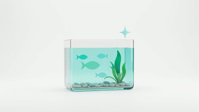 Illustration of a small fish tank with colorful fish swimming among green aquatic plants and smooth stones