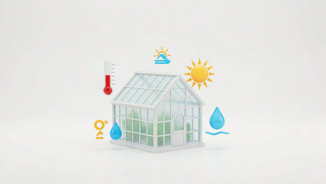 Illustration of greenhouse climate control with temperature humidity rain and sun icons around building