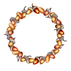 Watercolor frame featuring acorns in warm autumn tones  a hand-painted design with oak nuts. Round template is perfect for invitations, labels, seasonal branding, stationery, packaging, autumn decor © el_suhova